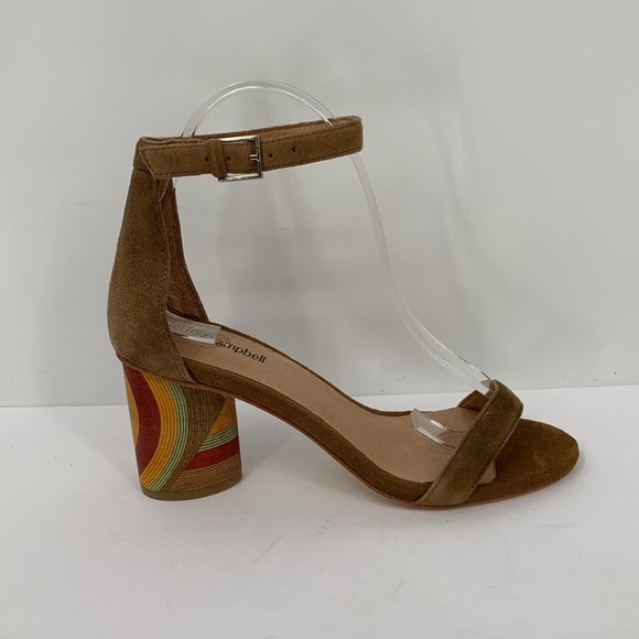 Jeffrey Campbell Purdy sandals mosaic rainbow chunky heel suede tan brown 7 - Picture 1 of 6
